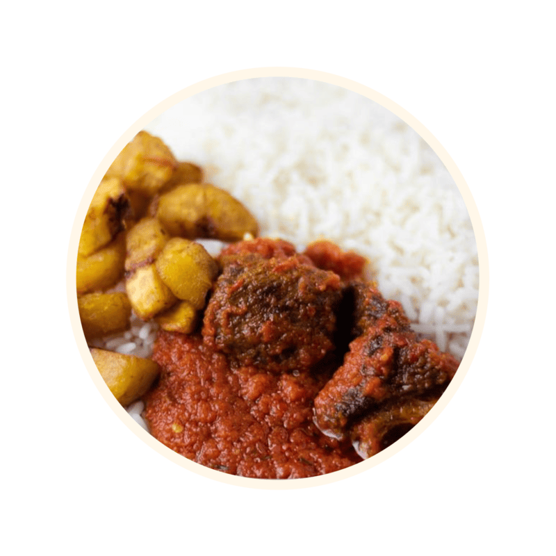 White Rice, Plantains, Meat and Stew